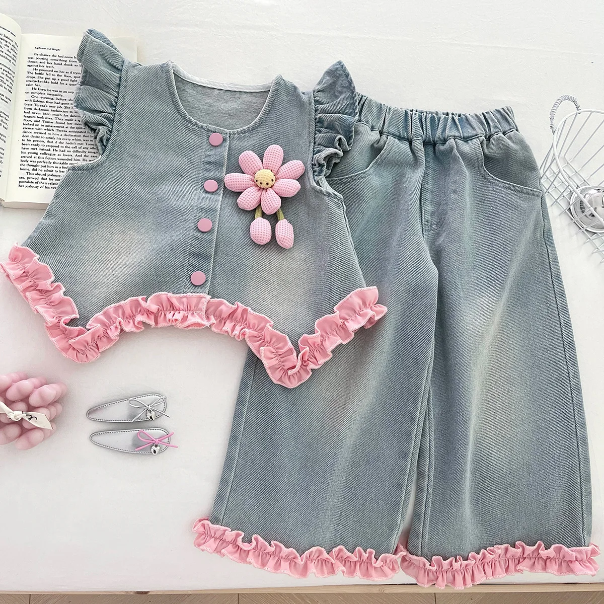 Girls Denim 3-Piece Set – Flutter Sleeve Jacket, Top & Wide Leg Pants, Spring Autumn Casual Outfit for Kids Toddler Girl Clothes