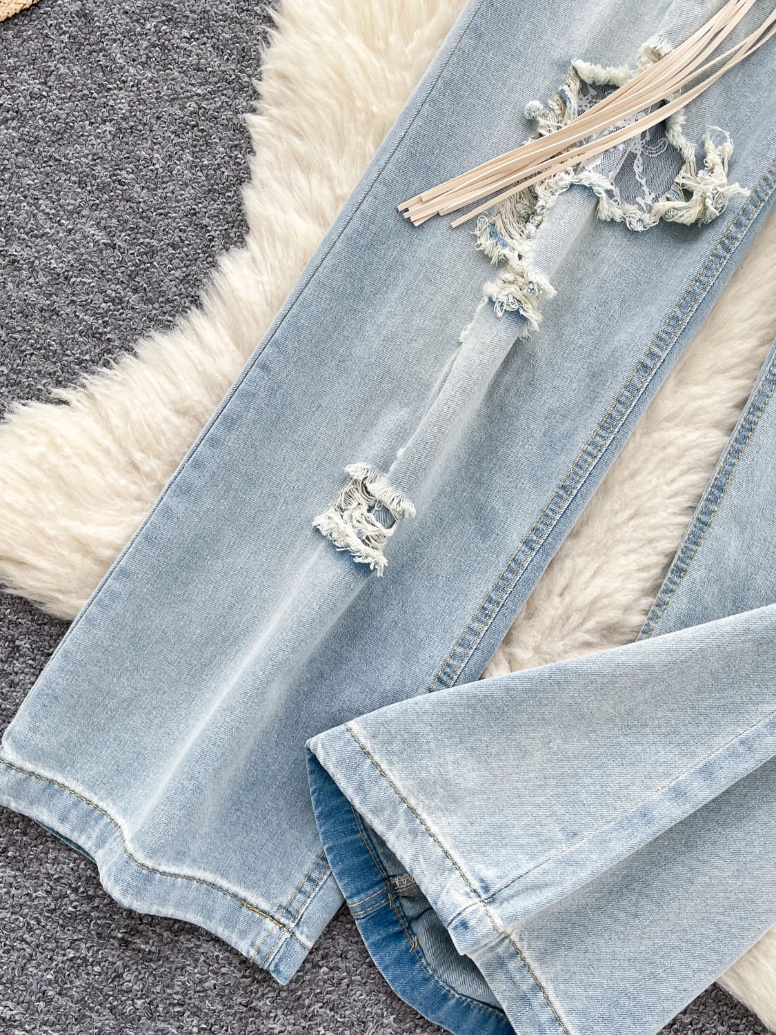 

Голубые рваные кружевные джинсовые широкие брюки, женские утягивающие свободные повседневные брюки с высокой талией, модные корейские брюки