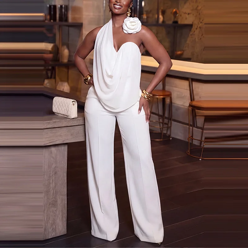 Damen 2-teiliges Set, Neckholder-Oberteil mit Wickelkragen, ärmellos, hochtaillierte Hose mit weitem Bein, elegantes, formelles Anzug-Set für Hochzeitsgäste und Partys