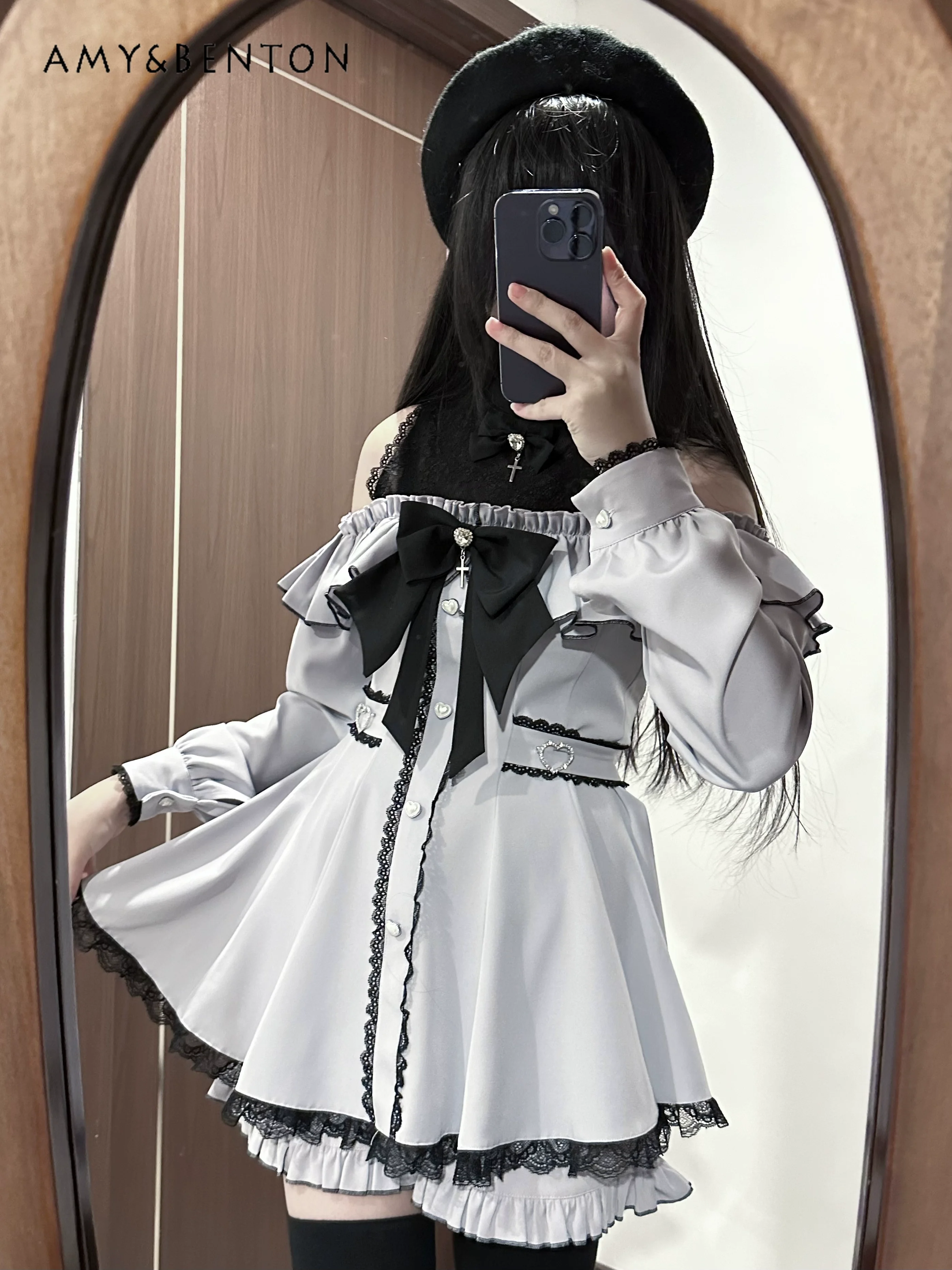 Japanese Mine Series Mass-produced Off-the-shoulder Lace Splicing Long-sleeved Dresses Lolita Style Dress Women Cute Mini Dress