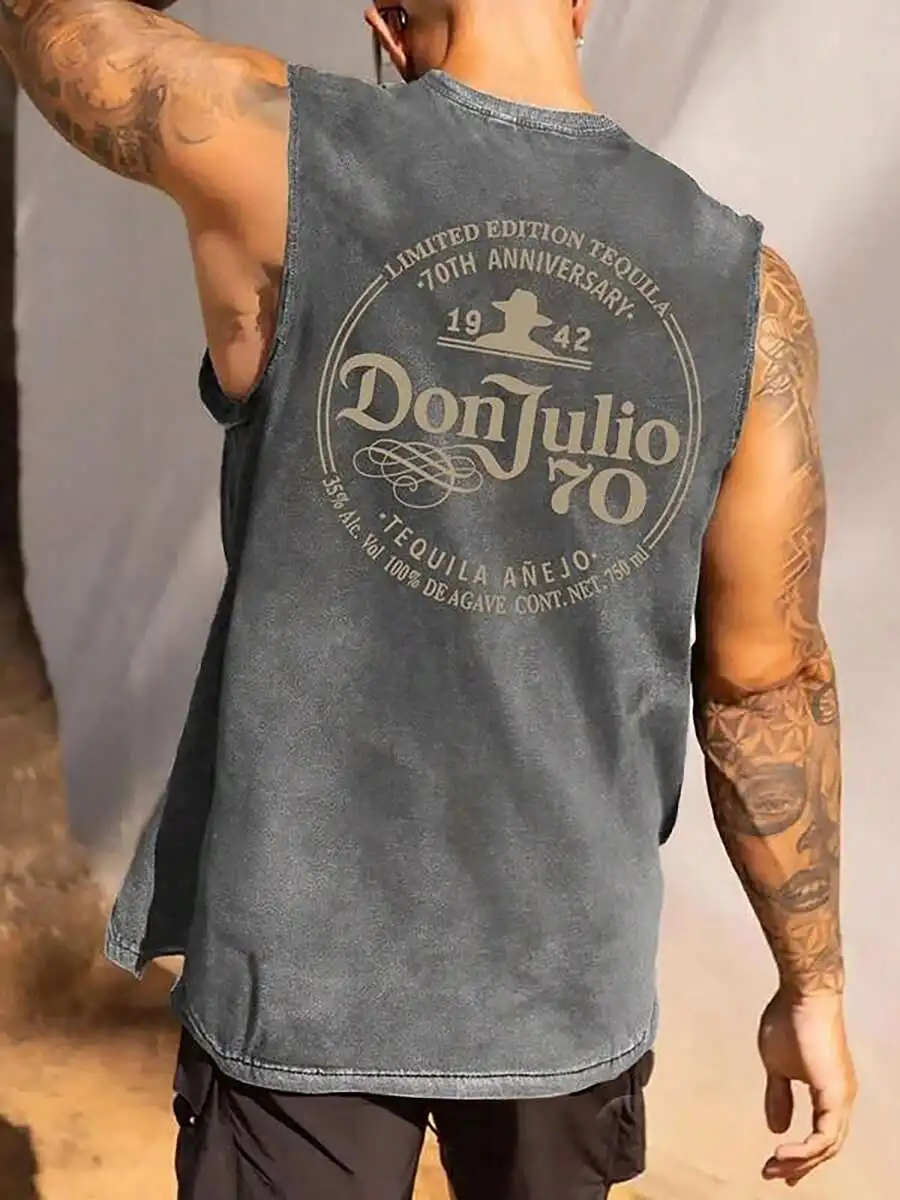 

230g Water Washed Cotton Sleeveless Vest With Wine Print Round Neck Casual Summer Top