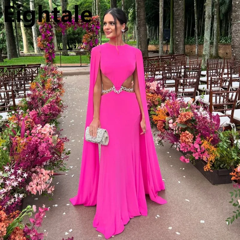 

Eightale Customized Fuchsia Chiffon Prom Dresses Pleat Ruched Long Cape Sleeves Backless Formal Evening Dress Women Party Gowns