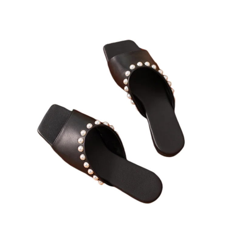 

Special Offer Women'S Fashionable Flat Bottomed Square Toe Slippers With Pearl Decoration For Slimming Women'S Sandals Casual