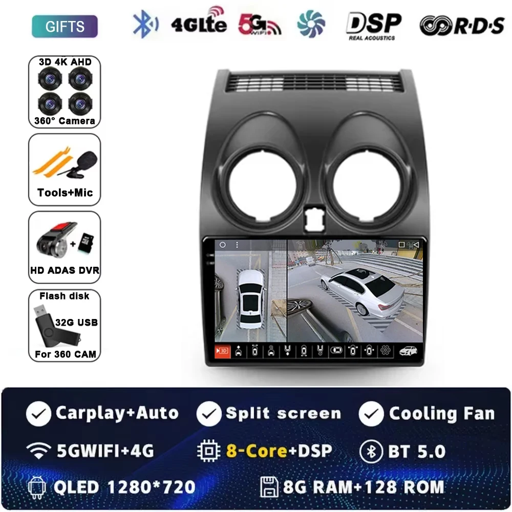 Android 16 autoradio GPS navigatie QLED Carplay Auto multimediasysteem speler BT voor Nissan Qashqai 1 J10 2006 - 2013