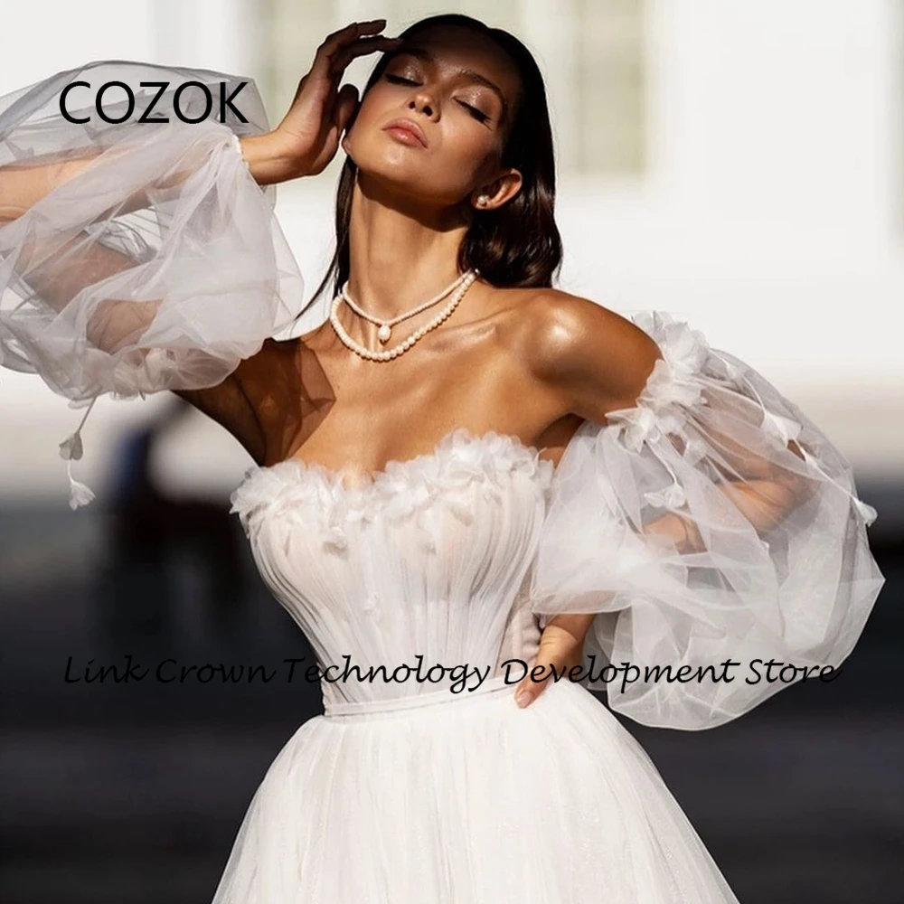 COZOK Strapless Wedding Dresses for Women Side Slit Soft Tulle Full Sleeve Bridal Gowns with Applique 2024 Vestidos De Novia