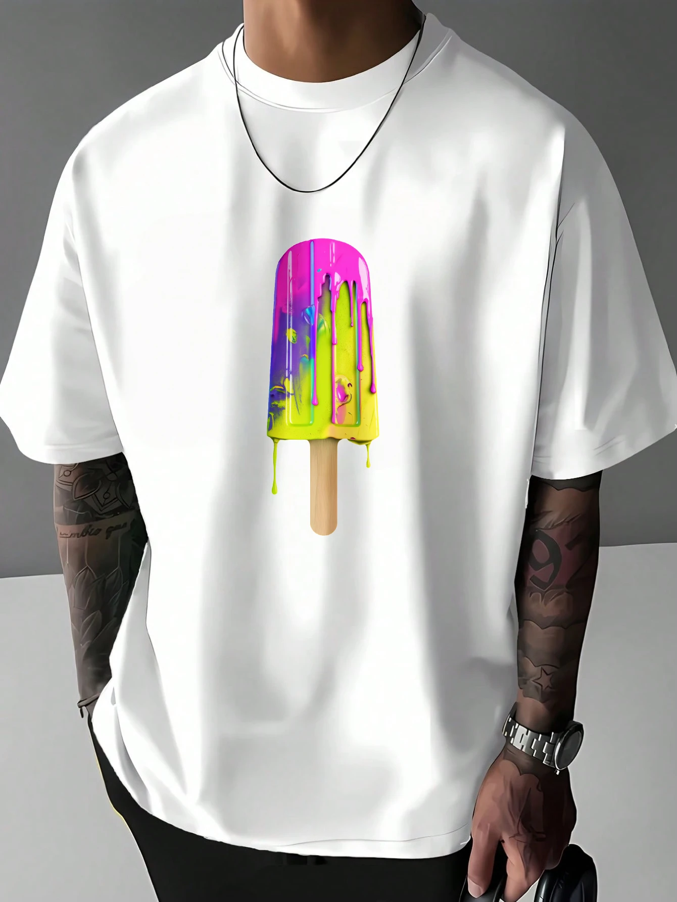 Mens Summer Popsicle T Shirt Vibrant Melting Ice Cream Graphic Print Short Sleeve Crew Neck Casual Cotton Male Fashion Tee