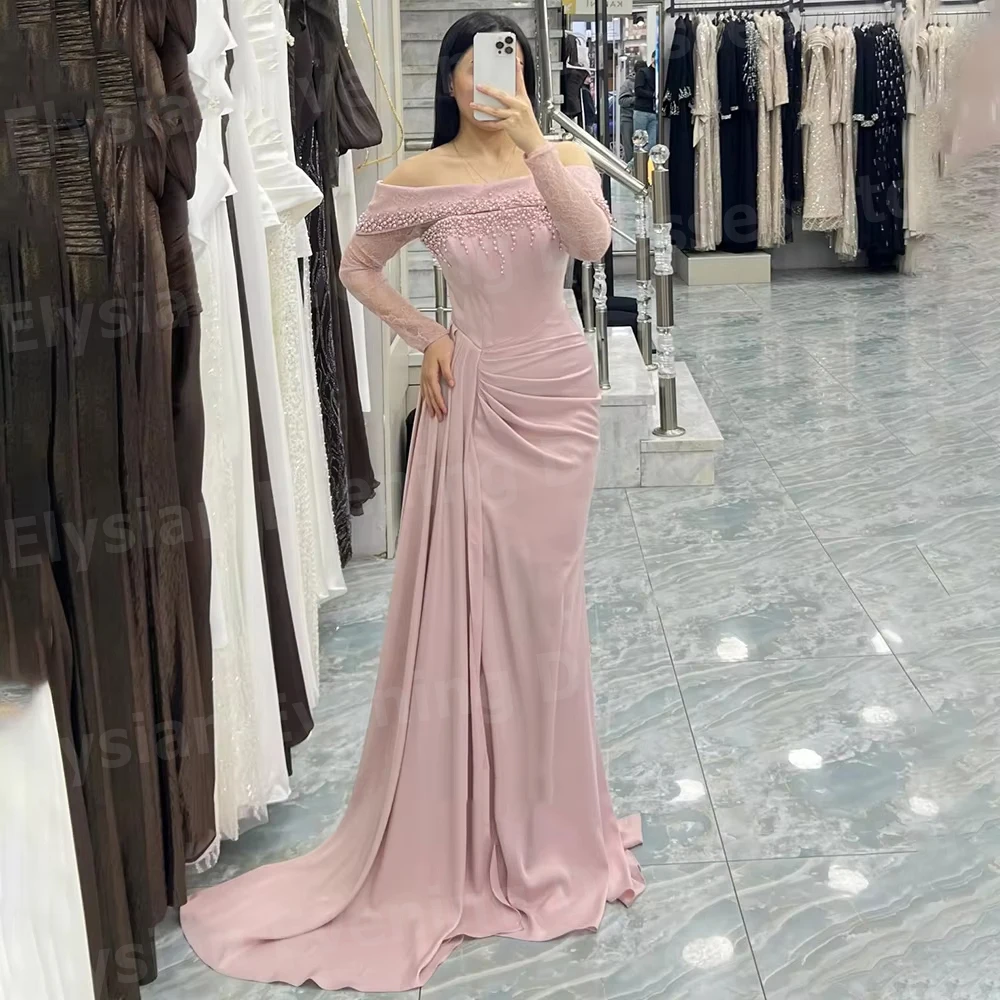 Elegante Meerjungfrauen-Abendkleider für Damen mit schulterfreiem Design, maßgeschneiderte Robe De Soirée, Ballkleider mit langen Ärmeln und Perlenbesatz, Vestidos Para Mujer