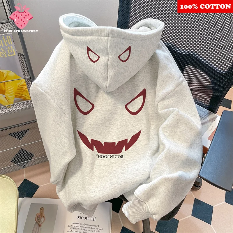 

American Street Devil Plush Hoodie Men Women Autumn Winter 2025 Oversize Cotton Warm Pullover Sweatshirt Y2k Top Mens clothing