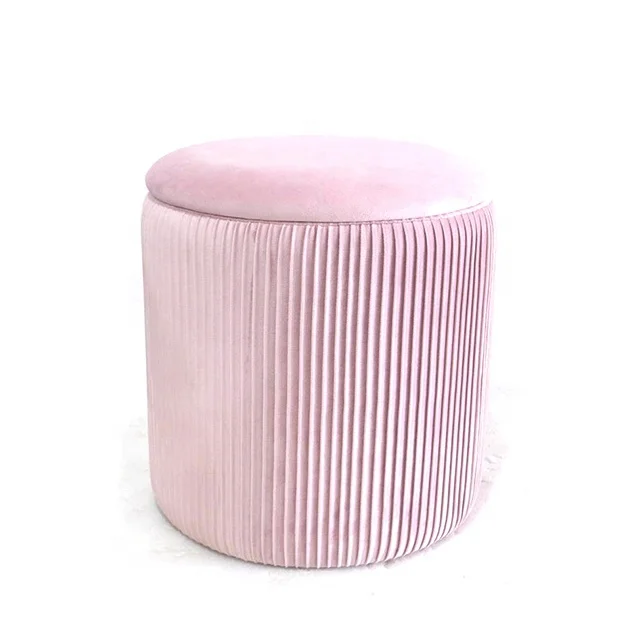 Light Pink Pleated Velvet Modern Storage Stool Soft Padded Removable Lid Built-in Storage Compartment Compact Size Merry Vanity