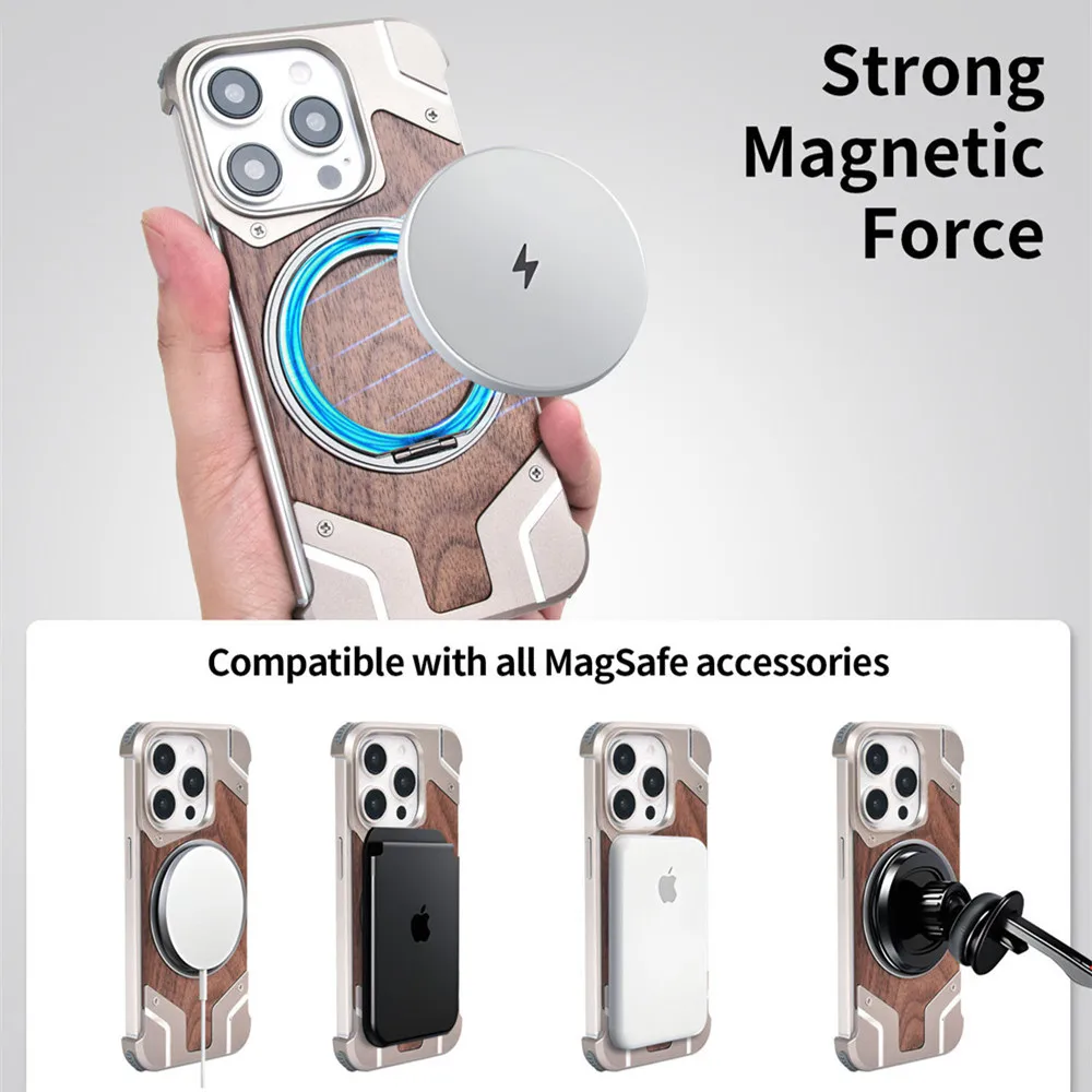 Titanium Alloy Metal Wood Case for iPhone 13 14 15 16 Pro Max 16Plus 360 Rotate Bracket Shockproof Bumper Wireless Charging Case