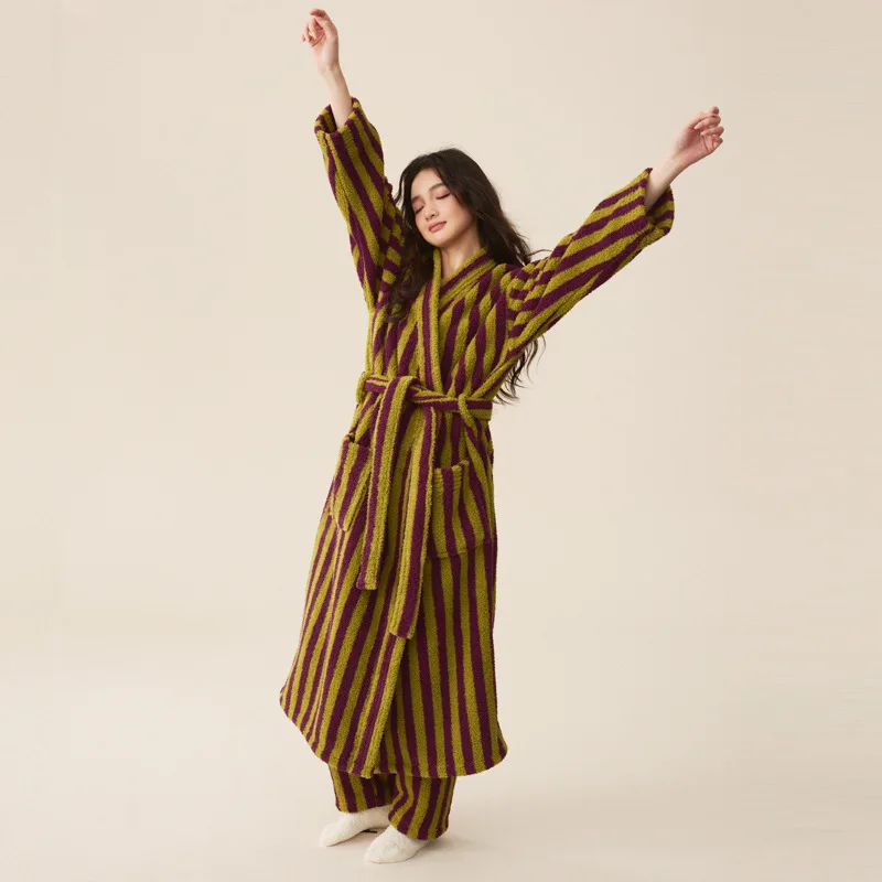 Winter Bathrobe Women Coral Velvet Thicken Warm Robes Home Clothes Thermal Nightwear Stripe Print Robe Sleepwear Pajamas