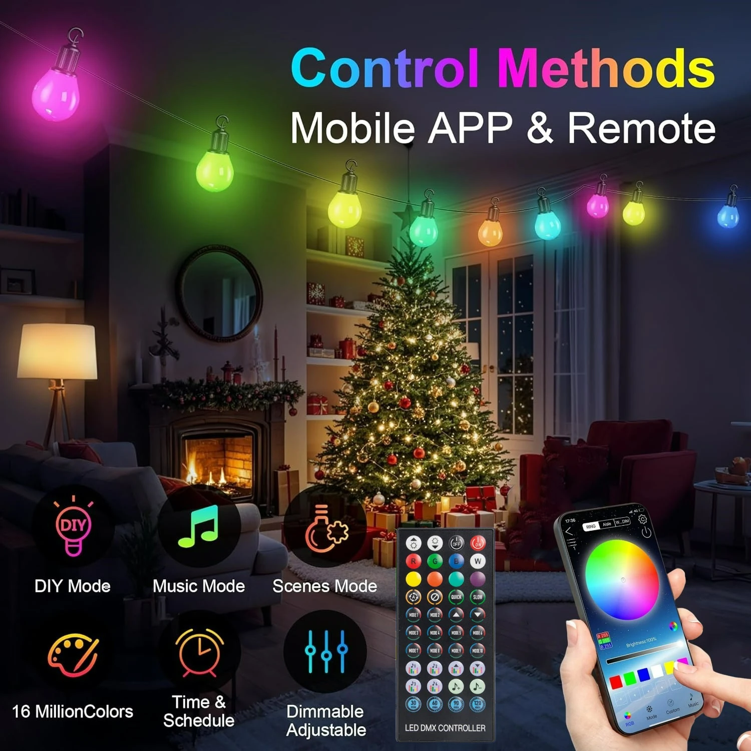 Smart Outdoor String Lights RGBIC Color Changing LED Patio Light IP65 with G40 Bulbs, Remote, App Control, Timer, Music Sync