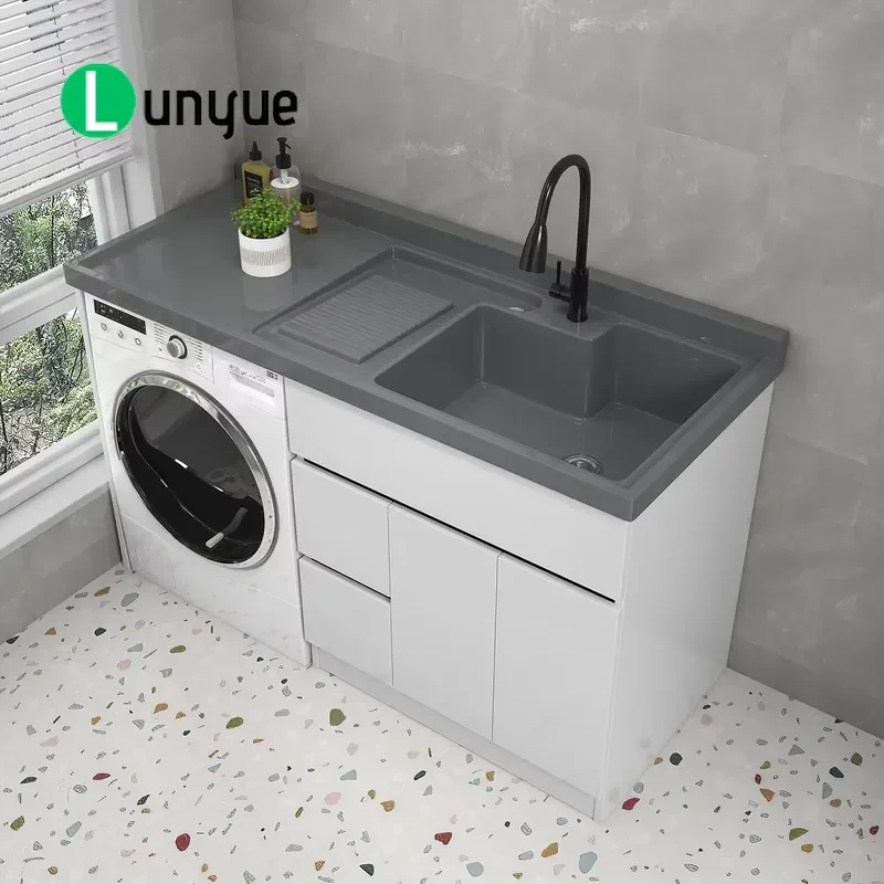 Laundry Sink Cabinet with Washing Machine Space Utility Room Storage Cupboard Waterproof Bathroom Vanity Set for Home