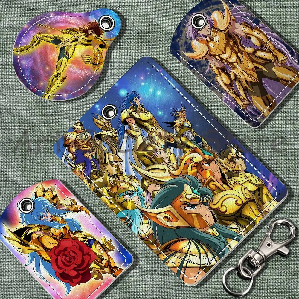 S-Saint Anime Seiya PU Leather Card Holder Keychain Key Ring Door Lock Access Tag ID Access Card Air Tag Case Keychain Card
