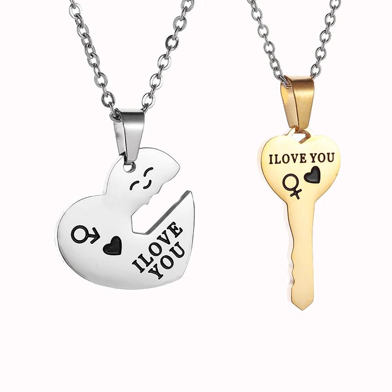 Stainless Steel Fashion Heart Shape Key Pendant I Love You Letter Necklace Romantic Valentine\'s Day Jewelry Gift for Couples