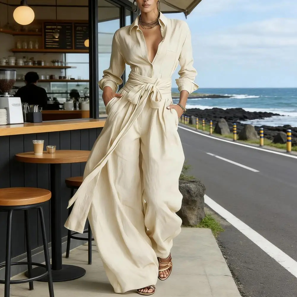 

2026 Spring Summer New High Waist Jumpsuit Women Elegant Solid Color Short Sleeve Wide Leg Jumpsuits Fashion Loose Casual Long