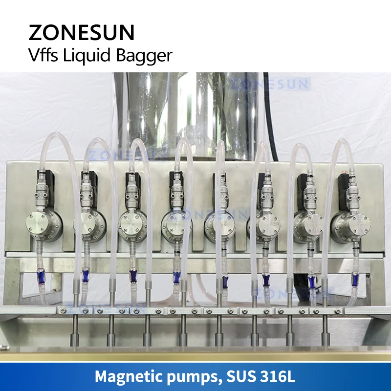 ZONESUN VFFS mesin penyegel Pengisi makanan cair, ZS-FSMP8 otomatis pompa magnet suplemen, kemasan obat kumur