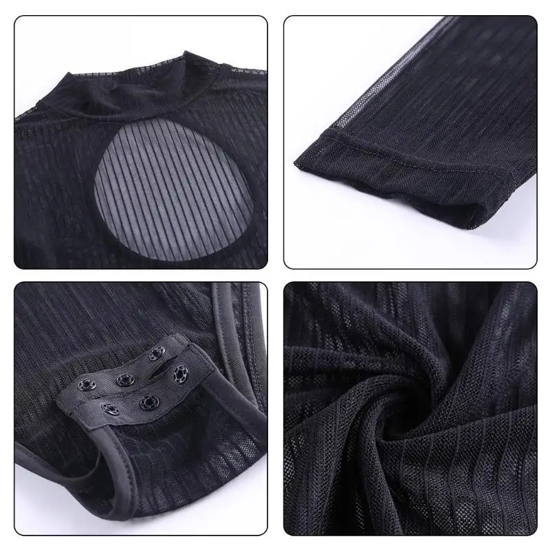 652F انظر على الرغم من شبكة المرأة تي شيرت أسود شفاف مخطط كم طويل نحيل ارتداءها مجوفة عارية الذراعين Playsuit بذلة #2