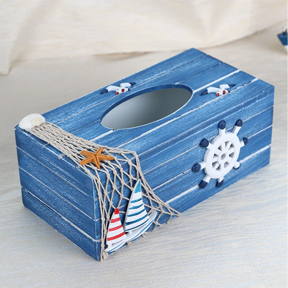 

1Pcs Wooden Tissue Box Suitable for Most Tissues Market Elegant Home Office Car Decorative Storage Blue Rudder Storage Box