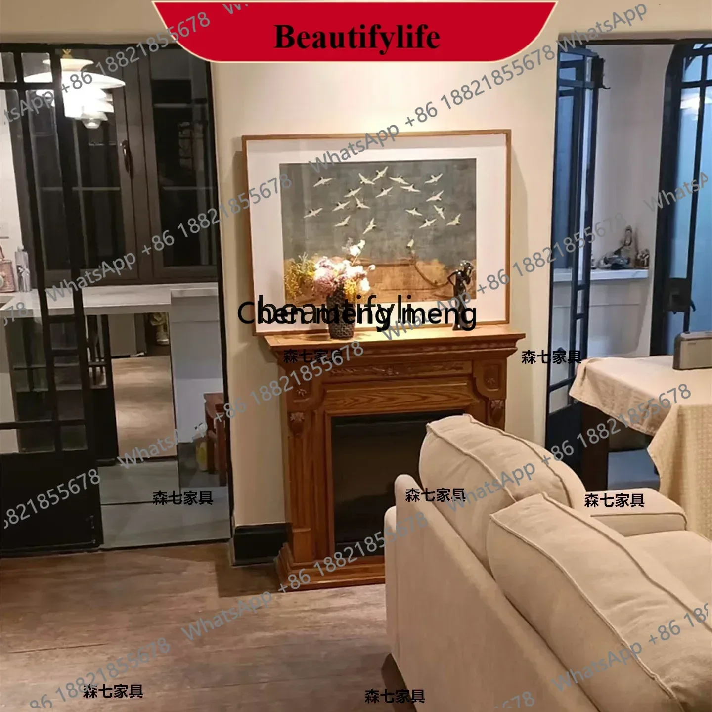 Z183 03 American solid wood carving flower mantel, entrance cabinet, retro living room wall decoration cabinet