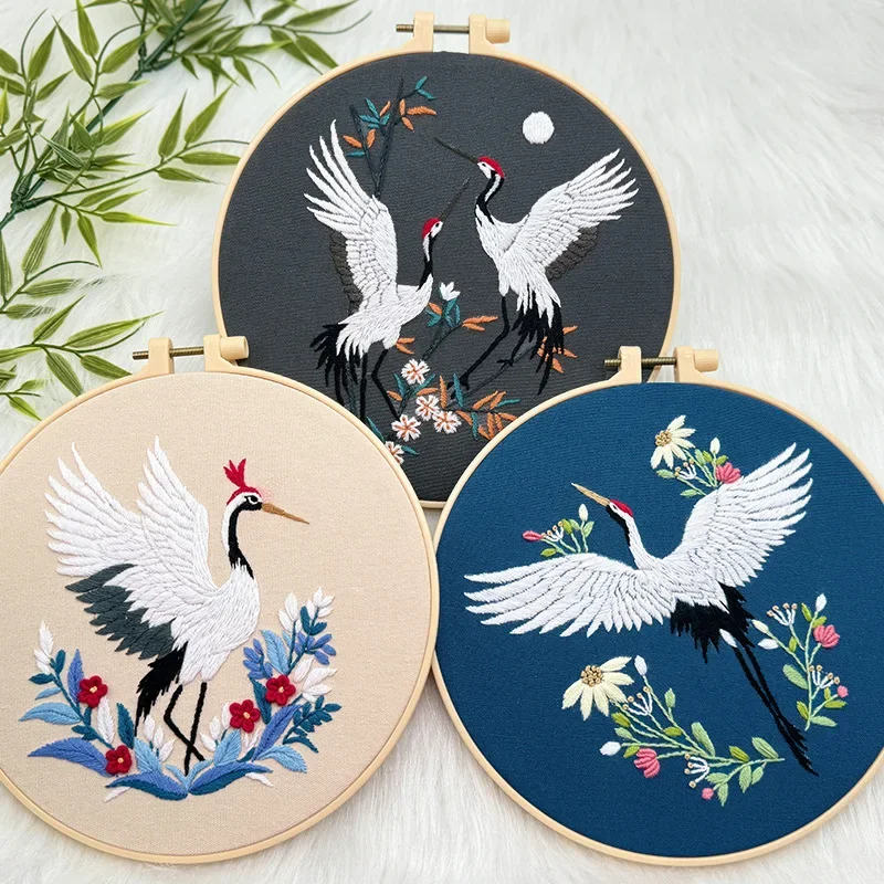 Flying Crane Flowers Pattern Embroidery Kit with Instructions Needles Thread Stamped Clothes for Room Decor