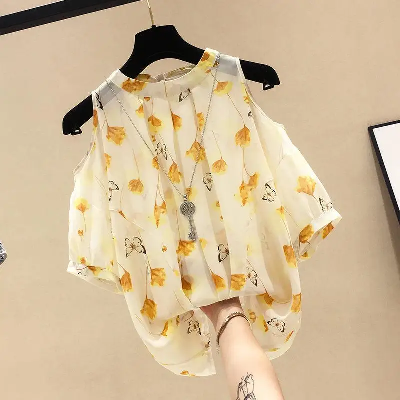 Sweet O-Neck Printed Off Shoulder Floral Chiffon Blouses Female Clothing 2024 Summer New Loose All-match Tops Korean Shirts