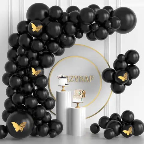 Kit d'arc de guirlande de ballons noirs avec 105 pièces de différentes tailles 18 12 10 5 pouces, ballons en Latex noir mat et mur papillon 3D D