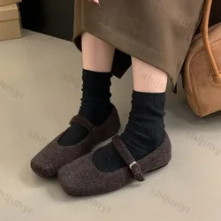 New 2024 Fashion Square Toe Fleece Flet Ballet Flats Woman Autumn Winter Warm Wool Mary Jane Shoes Ladies Elegant Plush Loafers