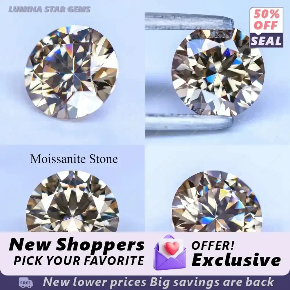 Lab Grown Moissanite Stone for L-Moissanite Natural Champagne Round Cut 8 Hearts Arrows Lab Created Sapphire Alternative