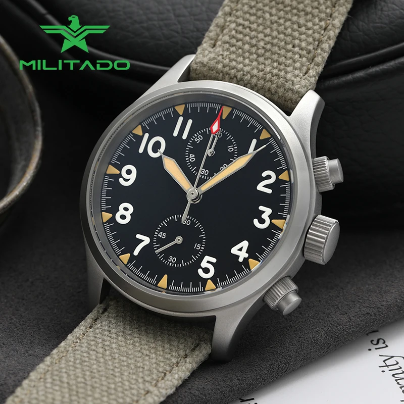 Militado Chronograph Watch VK61 Quartz BGW9 Luminous 100M Waterproof AR Coating Retro Watch 39mm Men Vintage Military Wristwatch