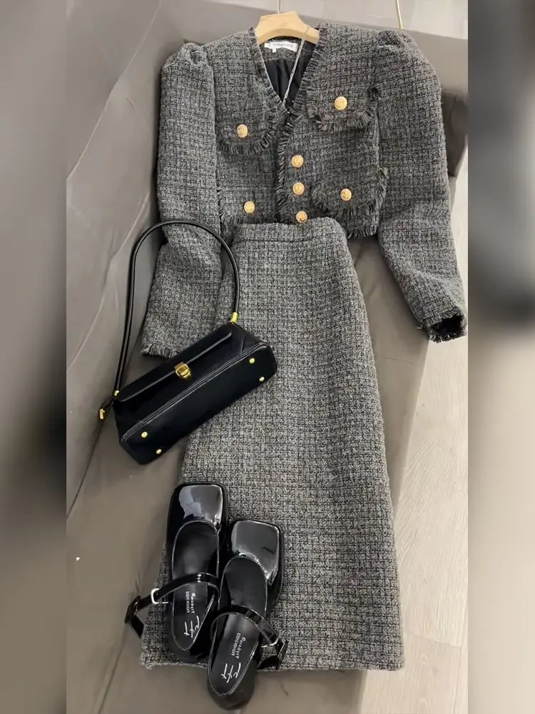 Women Winter Jacquard Tweed Elegant Suit Jacke Coat Top And Long Skirt Two Piece Set Matching Outfit Female Formal Party Clothes