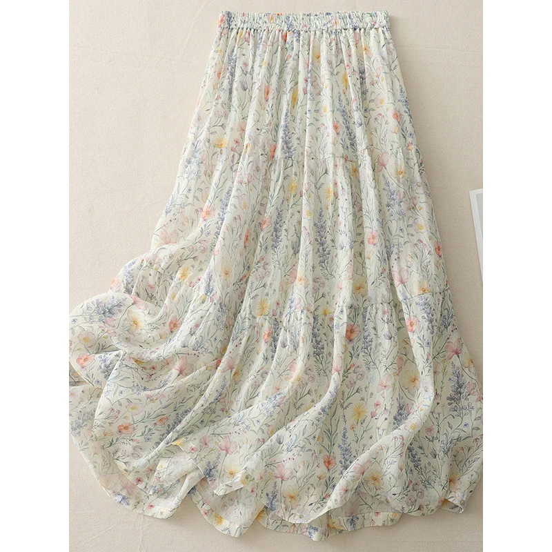 100% Cotton Women' Skirt 2026 Spring Elastic Waist Irregular Double-layer Skirts Fresh Floral Print Good-looking Woman Clothes