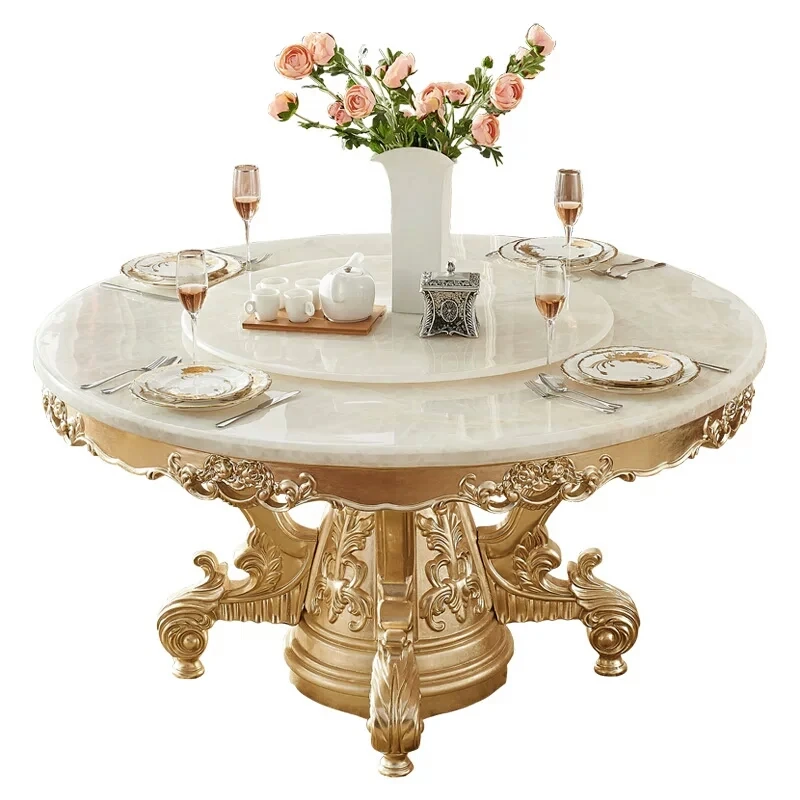 Mesa redonda europea de mármol de jade de hielo blanco, mesa de comedor y silla dorada, combinación de mesa de comedor de madera maciza de lujo europea