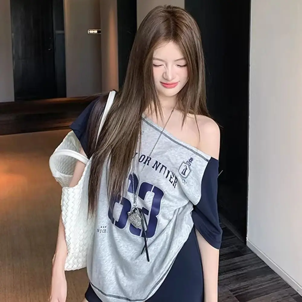 Summer American Retro Spicy Girl Style Loose T-shirt Girls Match Color Letter Printed Sports Shoulder Small Top