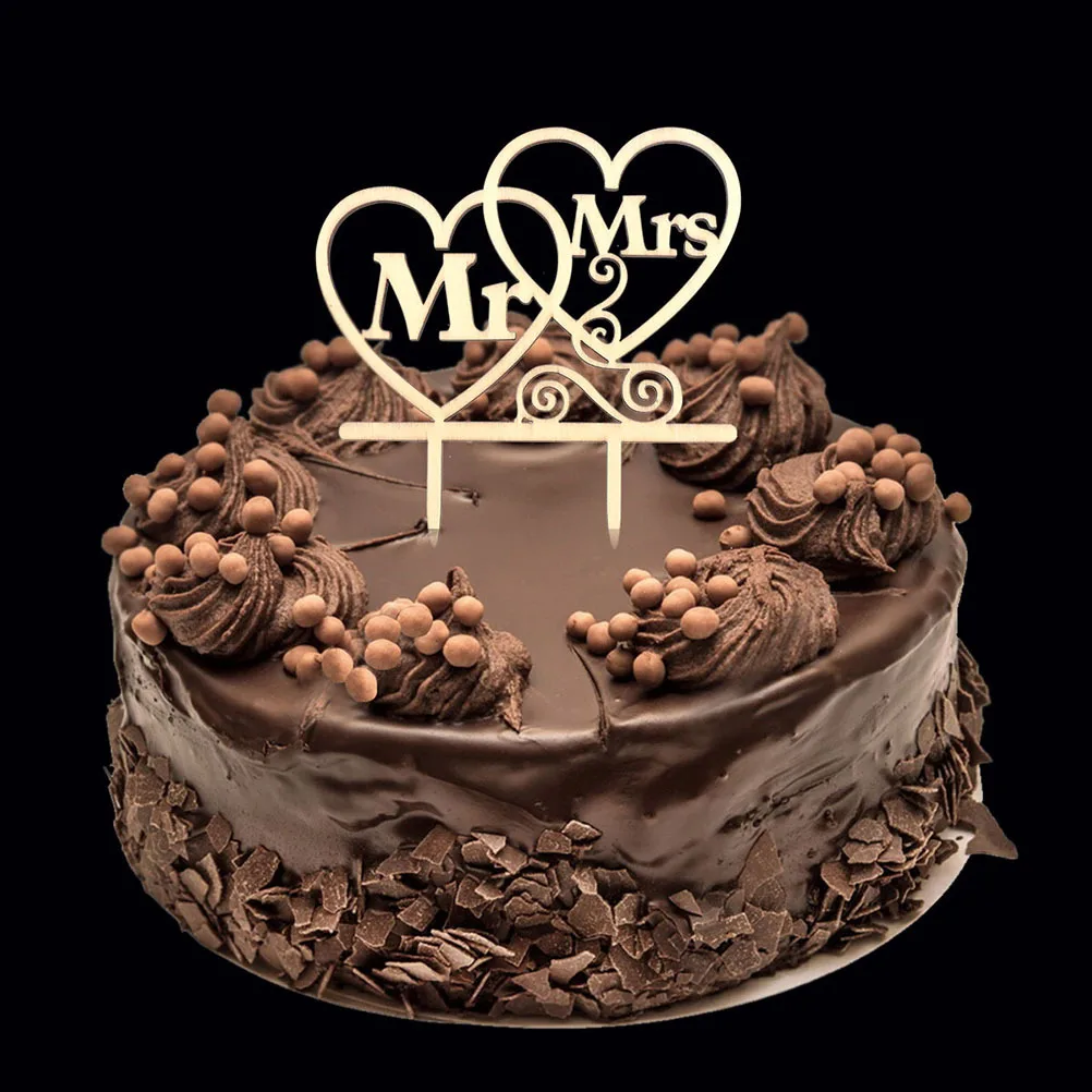 

2Pcs Wedding Cake Toppers Mr Mrs Heart Shape Wooden Cake Picks Cupcake Decor Party Supplies Elegant Wedding Engagement