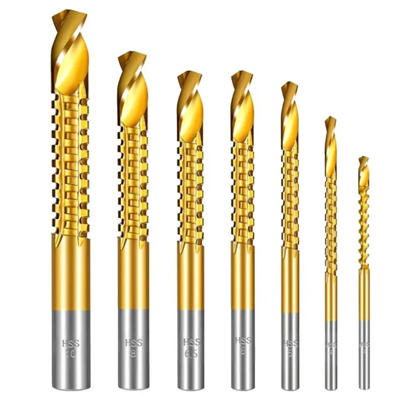 

VEHO-7PCS Titanium Coated HSS Twist Drill Bits, 3-10Mm Serrated Side Cutting Drill Bit, Hex Shank Serrated Cutting Drill Bits