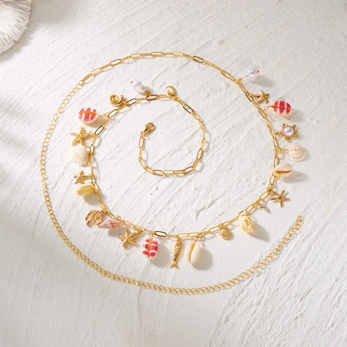 Sommerliche, bunt bedruckte Muschel-, Seestern- und Fisch-Taillenkette für Damen und Herren, Boho-Stil, imitierte Perlen, Korallen-Bauchkette, Körperschmuck – Detail 23