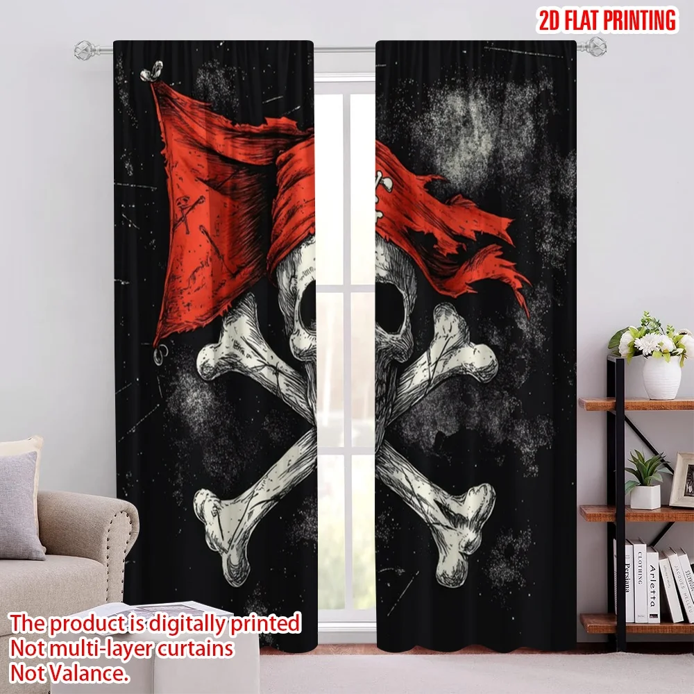 2pcs,2D plane printing Pattern Curtains Pirate Emblem Polyester Fabric (without rod) Holiday Ldeal for Bedroom & Various Living