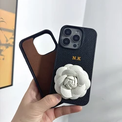 Fashion customized name letter PU leather camellia hard Case for iPhone16 15 14 Phone Cover 13 12 11 Pro Shockproof Back Funda