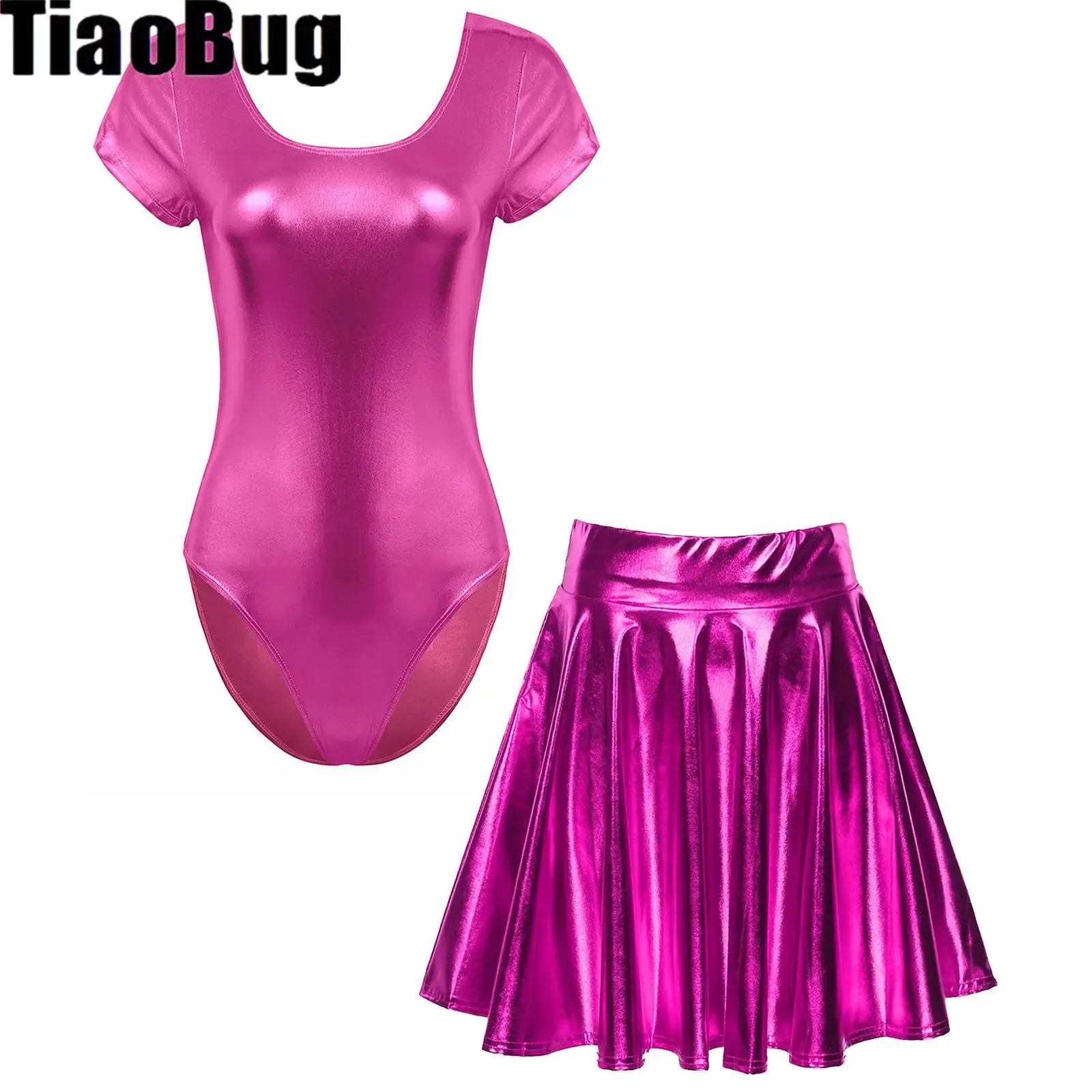 

Womens Metallic Jazz Dance Set Short Sleeve Bodysuit with High Waist Flare Skirt for Party Club Bar