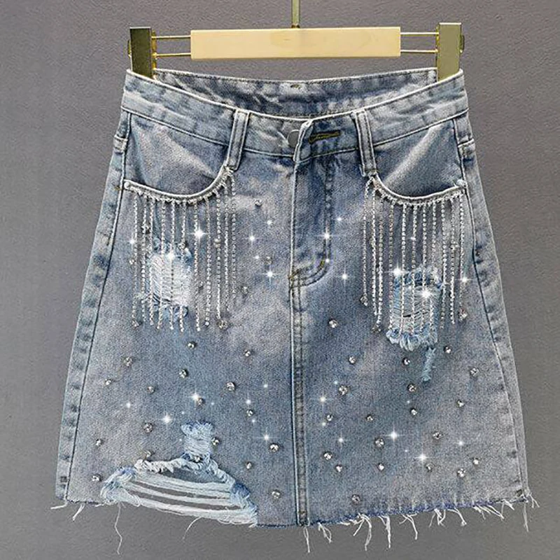 Diamond-mounted Fringe Hip Package Skirt for Women 2026 Summer New Zipper Ripped Skirts High Waist Slim-looking Woman Clothes