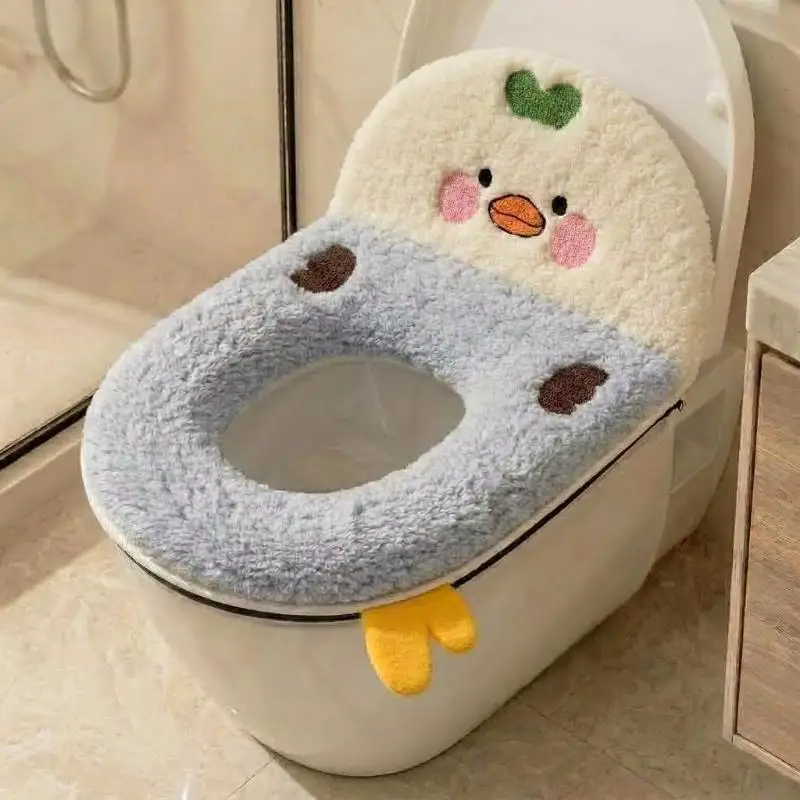 Durable Thickened Lamb Fleece Toilet Seat Cover Cartoon Backrest Full Wrap Zipper Warm for Winter Bathroom Household