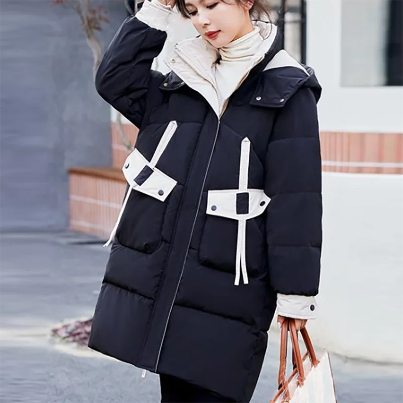 Women Hooded Mid-Length Thicken Cotton Coat Winter Patchwork Color Fashion Elegant Loose Parkas Female Casual Warm Bread Jacket