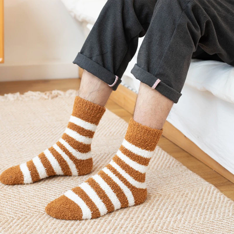 Men Soft Striped Socks Man Fluffy Thick Coral Velvet Socks Male Winter Warm Fashion Floor Terry Towel Fuzzy Sock Mens Meias Soks