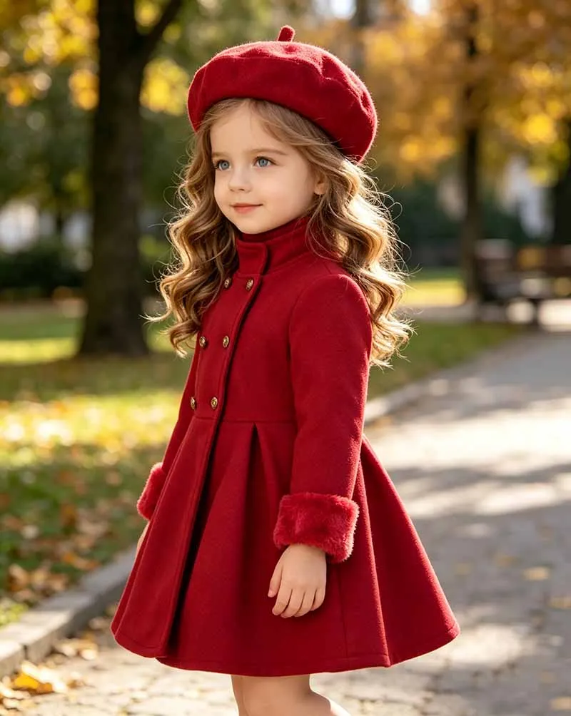 Children Fashion Solid Overcoat Kids Winter Warm Plush Sleeve Double Breasted Outerwear Girls Medium Style Versatile Jacket
