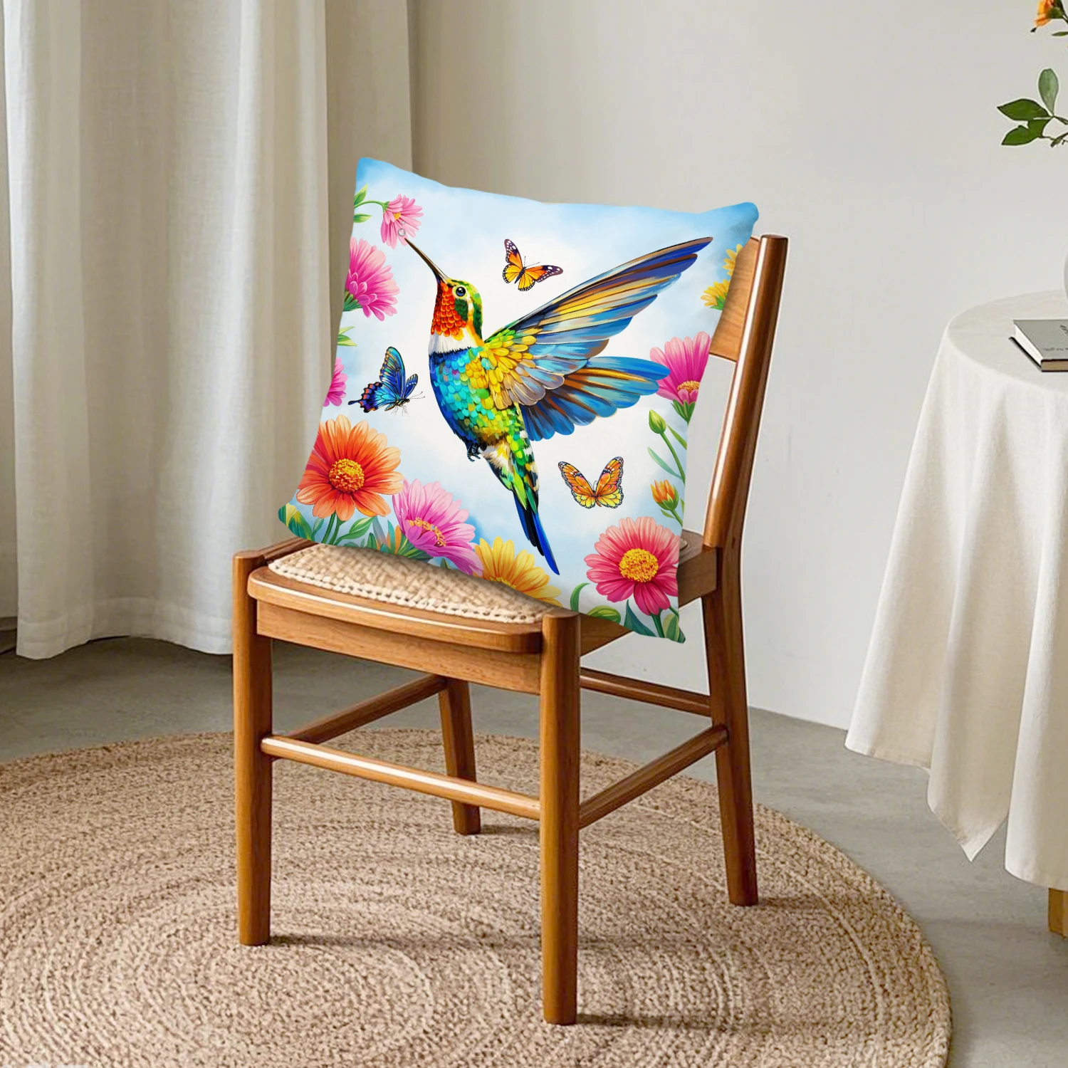 Hummingbird Floral Cushion Cover Butterfly Botanical Decorative Throw Pillowcase Spring Garden Nature Decor Sofa Bedroom Patio