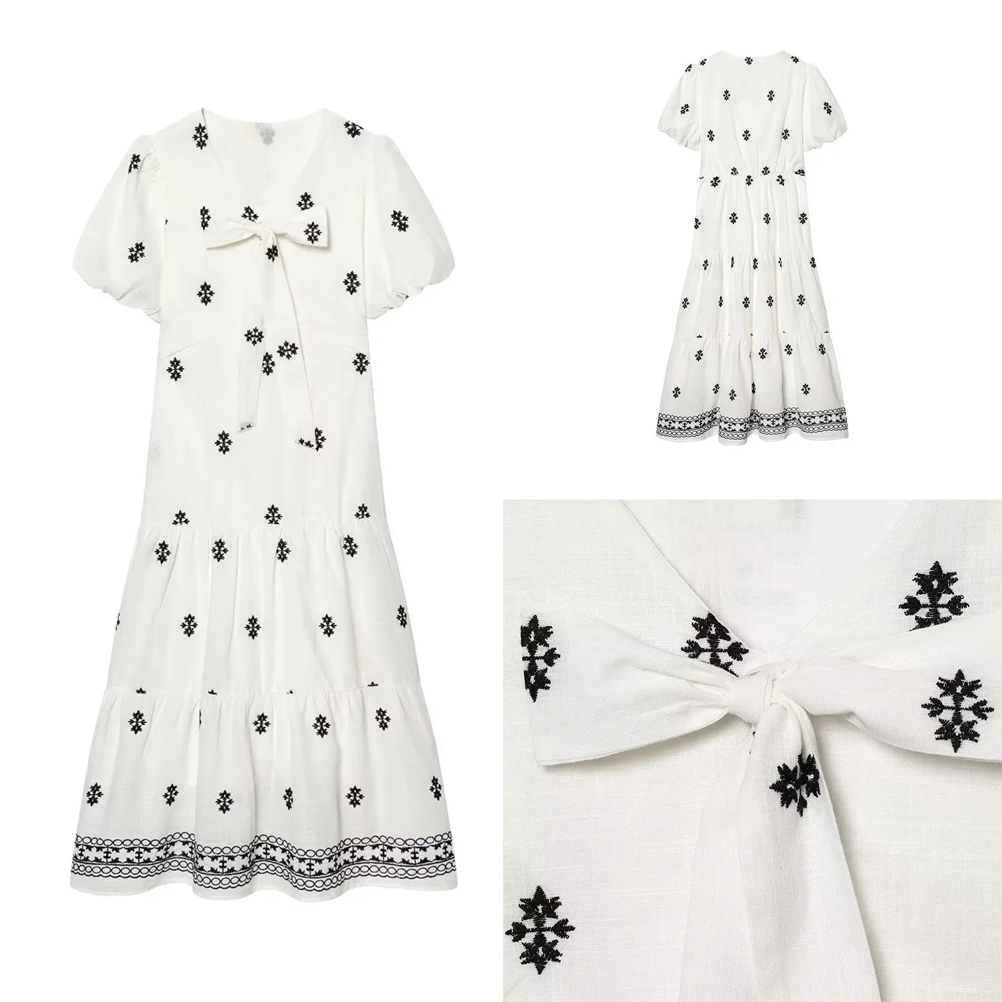 

Spring 2026 Women's V-ne Bubble-sve Embroidered Dr Versatile -knot Stitched Skirt Commute Sle ort-sve