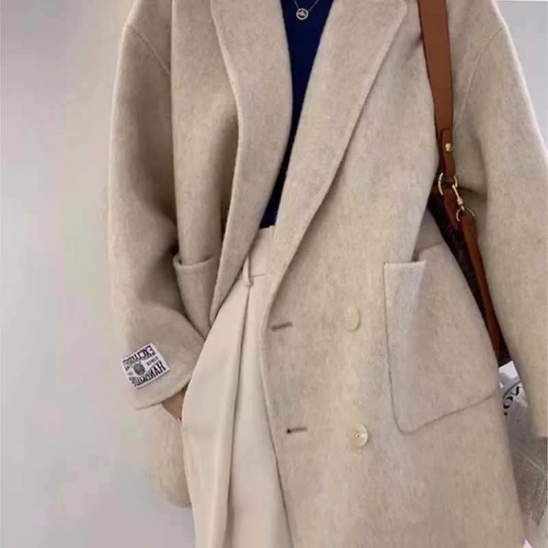 Double Breasted Wool Coat Women Classic Turn-down Collar Cashmere Camel Jacket Loose Woolen Button Overcoat 2023 Blazer