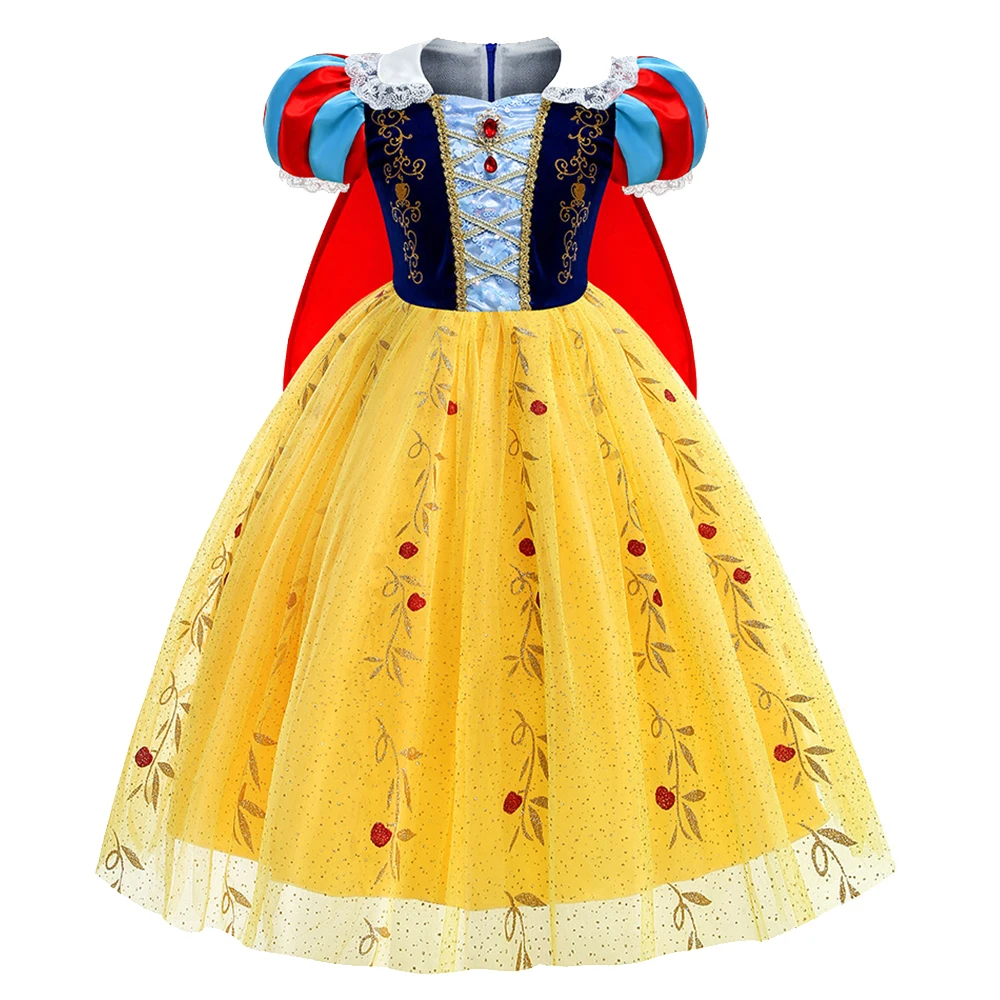 Schneewittchen-Kleid für Mädchen mit schwarzer Perücke und roter Schleife, Kinder-Bühnenkostüm, Halloween-Cosplay-Kostüm, Geschenk – Detail 3
