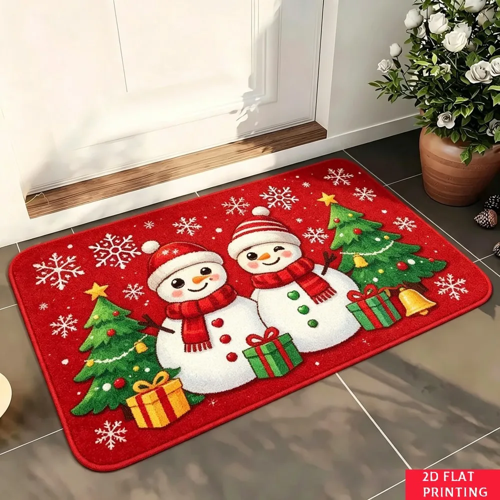 Snowman Christmas Tree Floor Mat Red Background Snowflake Gift Bell Print Non Slip Washable Rug For Winter Holiday Home Decor